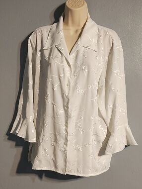 Orchid Rose  Women's Vintage Embroidered Ivory Button-Front Blouse Size XL